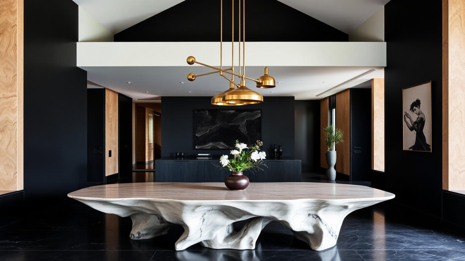 Sculptural dining room with brass chandeliers
